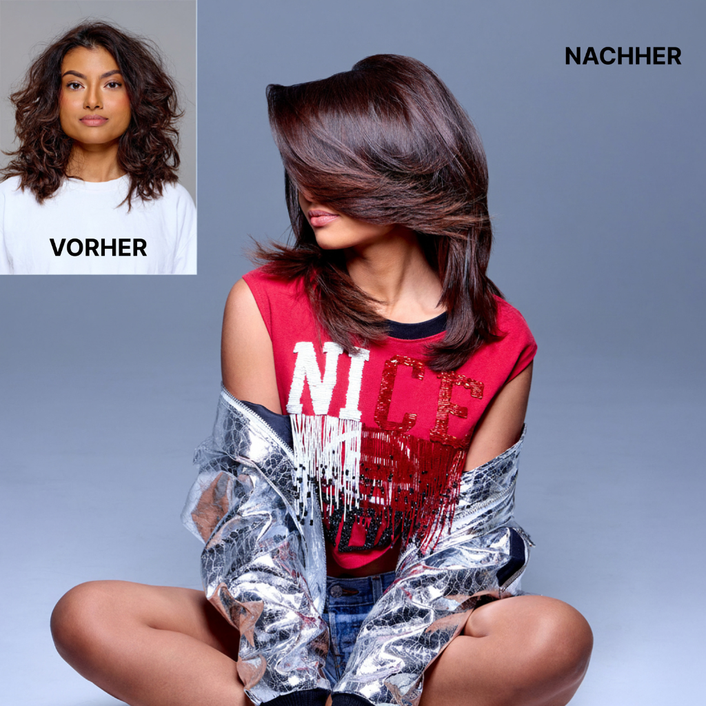 Vorher-Nachher-Vergleich von lockigem und glatt gestyltem dunklem Haar