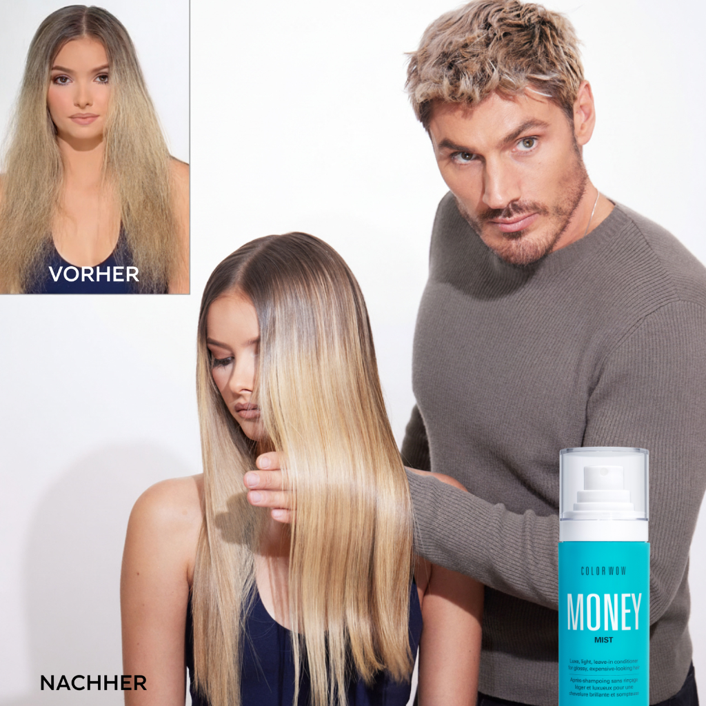 Vorher-Nachher-Vergleich von blondem Haar mit Color Wow Money Mist