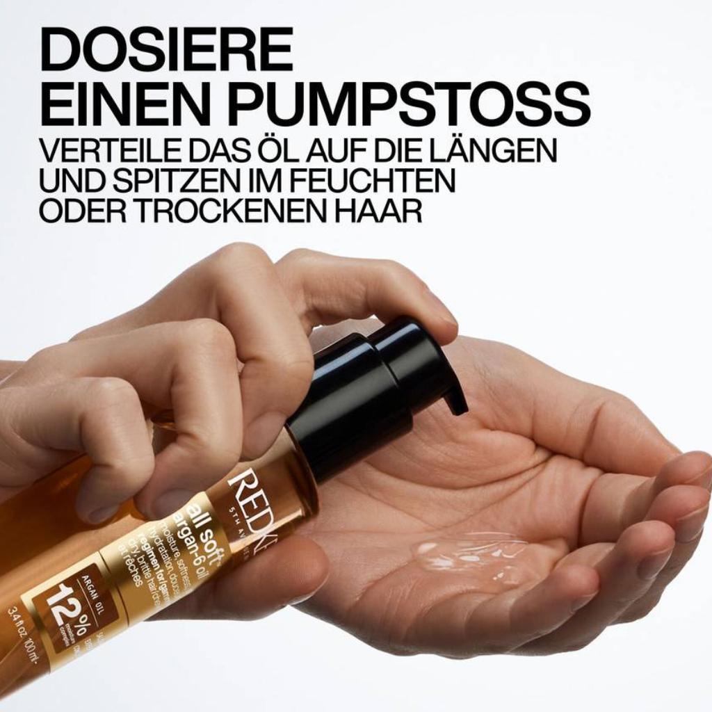 Dosierung eines Pumpstoßes Redken All Soft Argan-6 Oil in die Handfläche