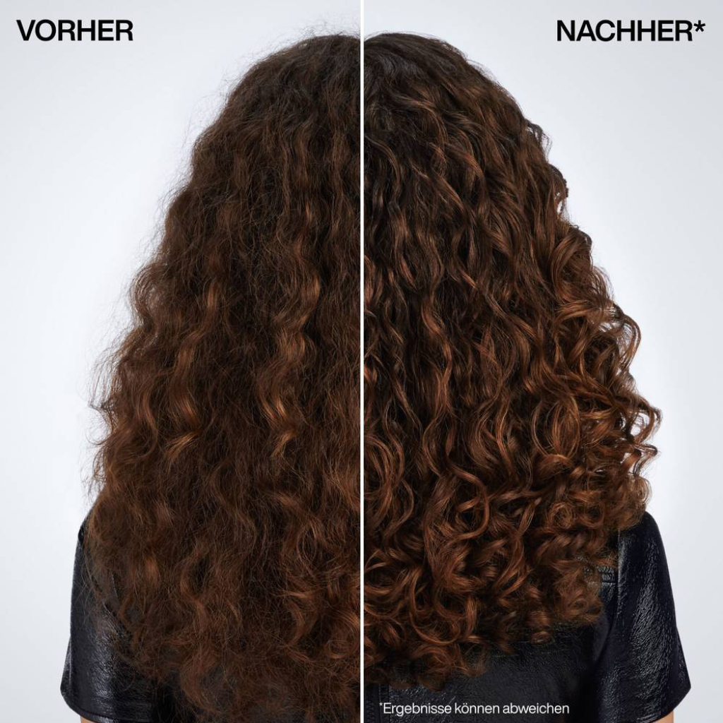 Vorher-Nachher-Vergleich von trockenem lockigem Haar nach der Anwendung