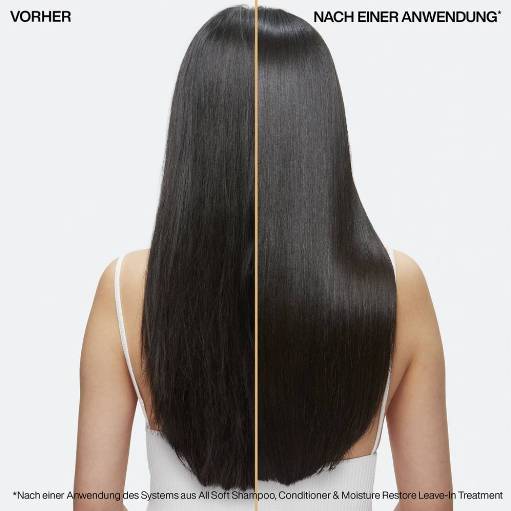 Vorher-Nachher-Vergleich von langem dunklem Haar nach der Anwendung