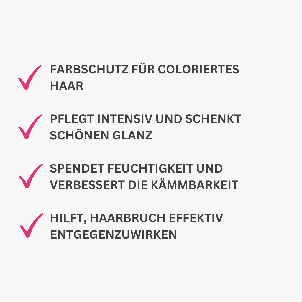 Farbschutz für coloriertes Haar

Pflegt intensiv und schenkt schönen Glanz

Spendet Feuchtigkeit und verbessert die Kämmbarkeit

Hilft, Haarbruch effektiv entgegenzuwirken