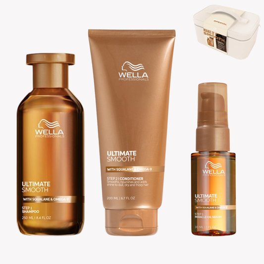 Wella Professionals Ultimate Smooth Haarpflege Set mit Shampoo, Conditioner und Miracle Oil Serum – Anti-Frizz Pflege mit Squalane & Omega-9 für glattes, geschmeidiges und glänzendes Haar, ideal bei trockenem oder krausem Haar